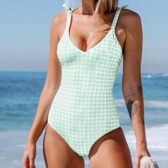 Cupshe Other - NEW Green White Gingham Print One Piece Bathing Suit Size Large